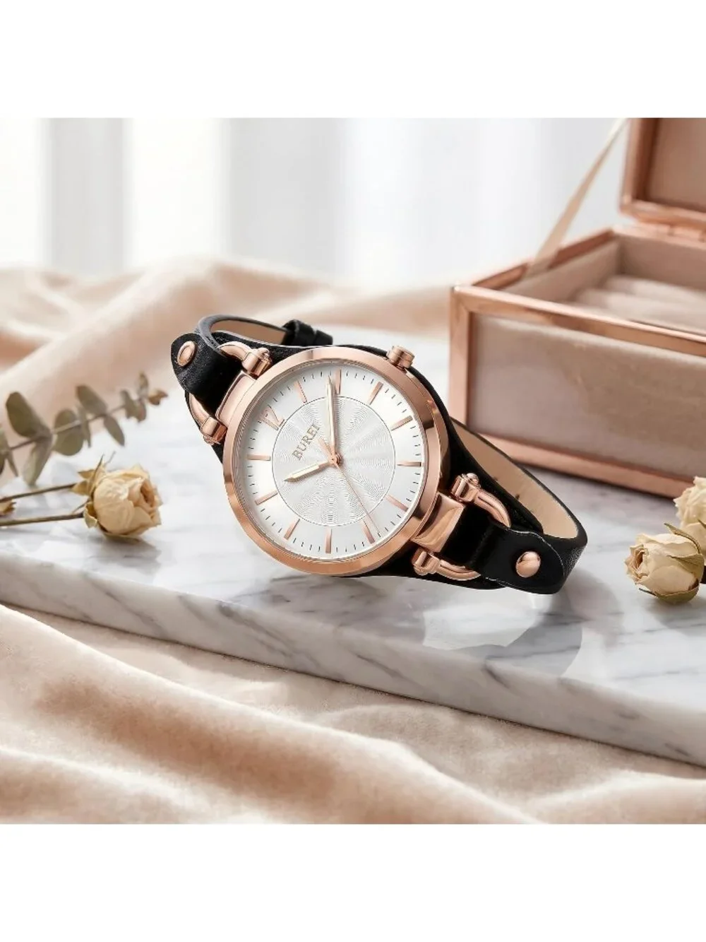 Women's Rose Golden Black Simple Leather Strap Bracelet Band Analog Quartz Watch